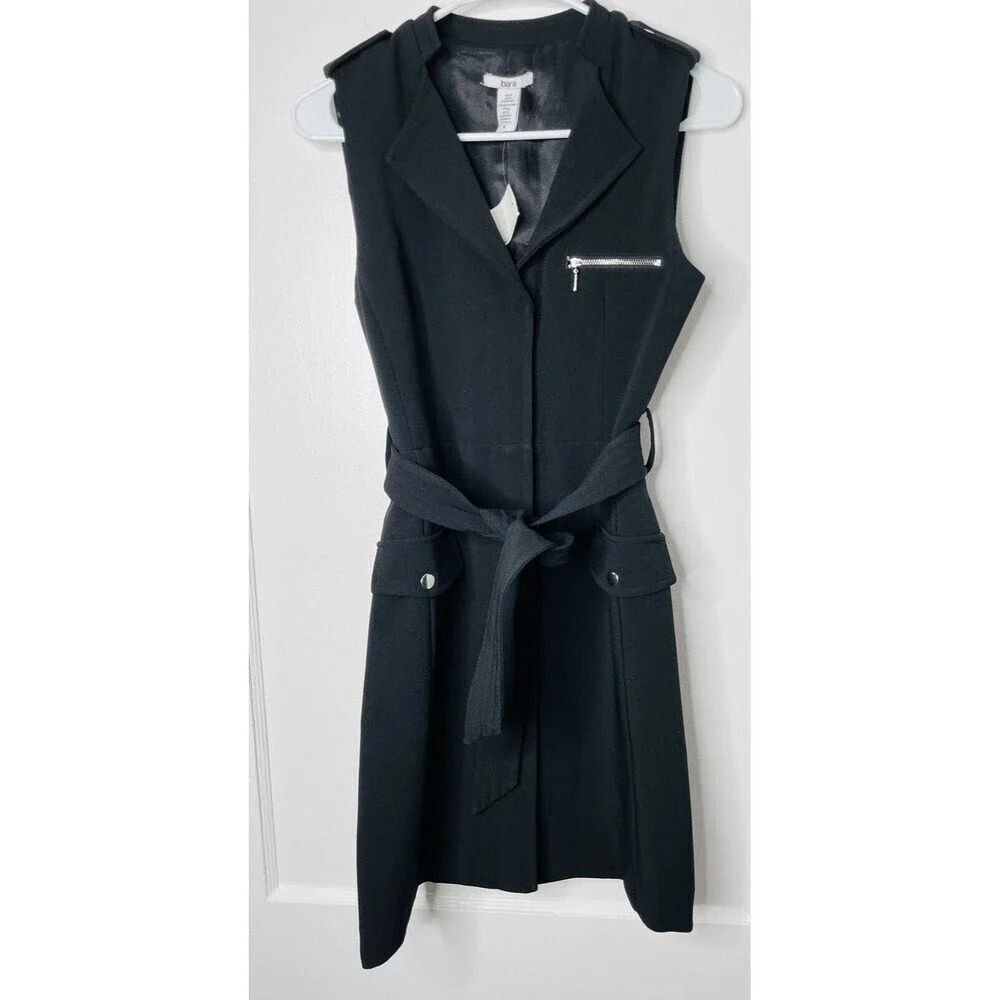 Bar III Womens Sz S Belted Utility Dress Deep Black Moniart Sleeveless Lapel NWT